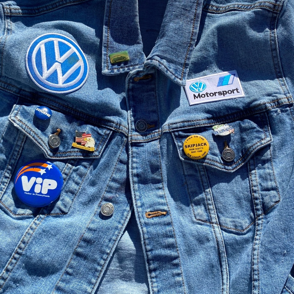 Custom handmade Volkswagen Service Jean Jacket vintage European enamel pins